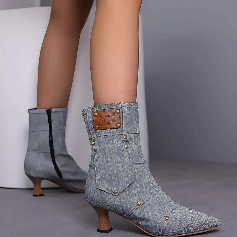 Women's Ankle Boots – Slim Fit – Pointed Toe – High Stiletto Heel – Denim Look – Studs - Image 4