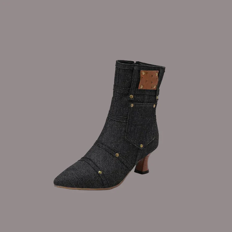 Women's Ankle Boots – Slim Fit – Pointed Toe – High Stiletto Heel – Denim Look – Studs - Image 5