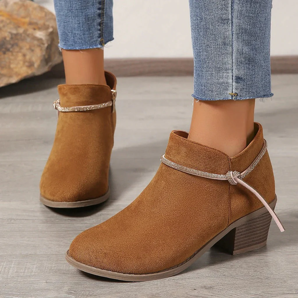 Women's Ankle Boots – Suede Look – Chunky Heel – Zipper Closure – Decorative Detail - Image 2