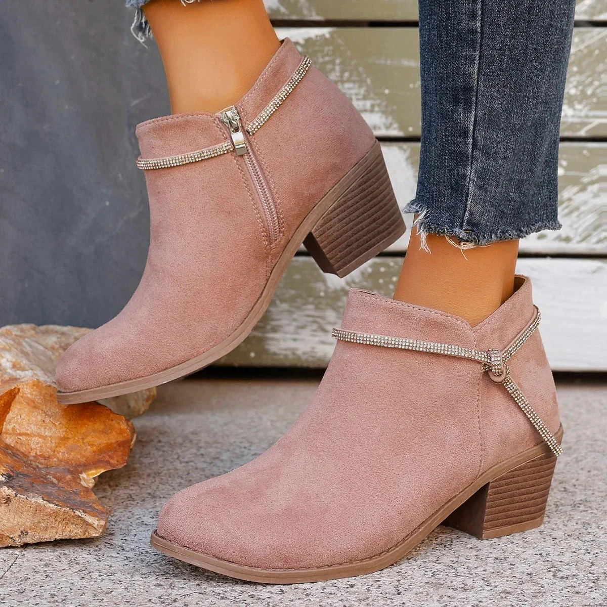 Women's Ankle Boots – Suede Look – Chunky Heel – Zipper Closure – Decorative Detail - Image 3