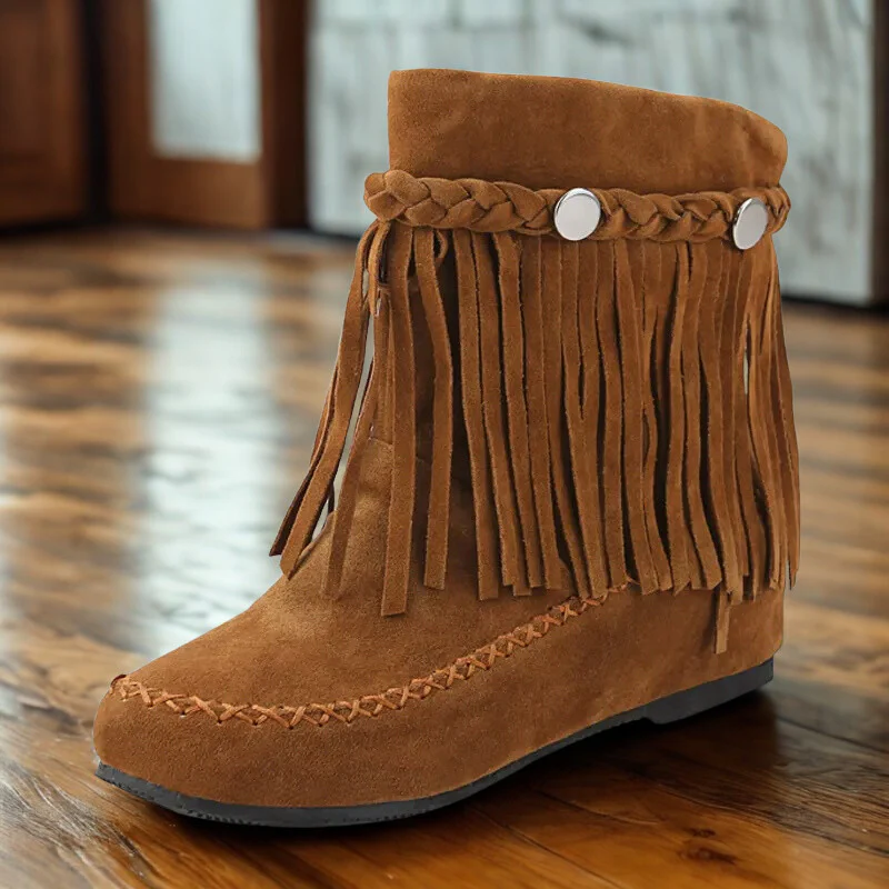 Women's Ankle Boots – Suede Look – Fringe – Braided Band – Flat Sole - Image 2