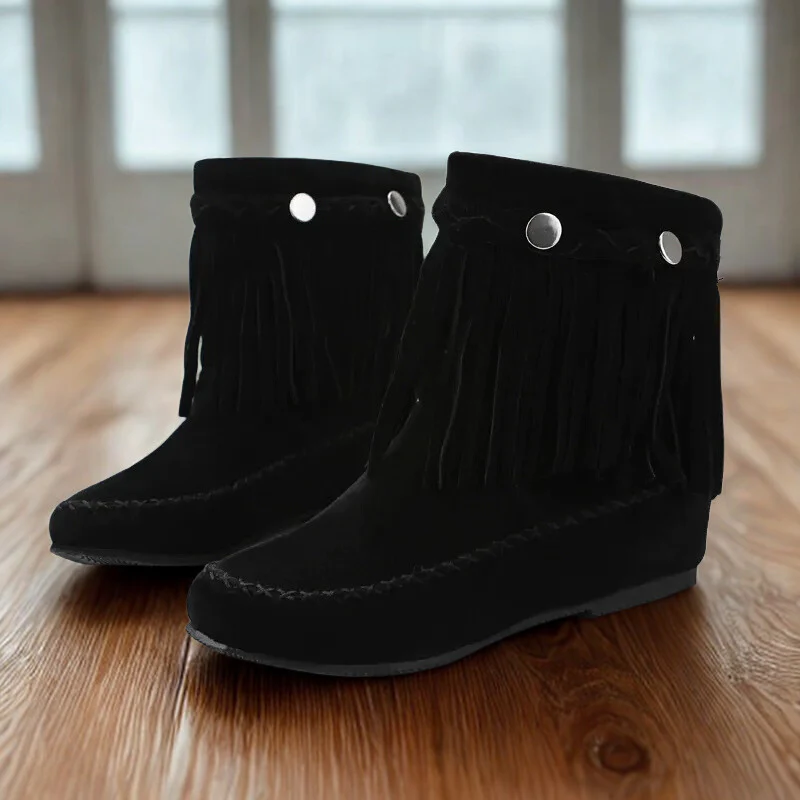 Women's Ankle Boots – Suede Look – Fringe – Braided Band – Flat Sole - Image 3