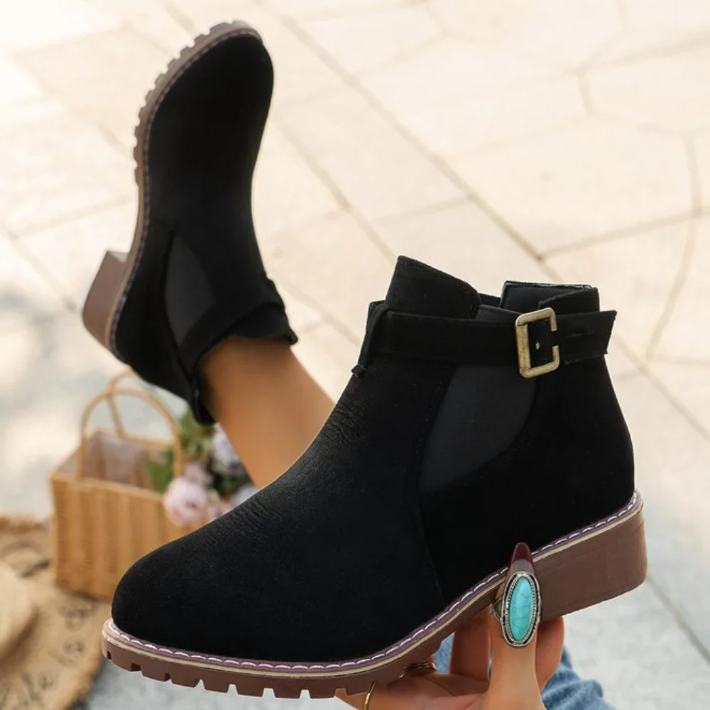 Women's Ankle Boots – Suede Look – Buckle Closure – Elastic Insert – Grip Sole - Image 2
