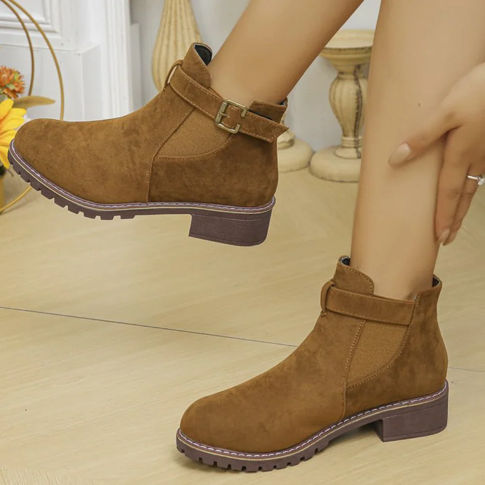 Women's Ankle Boots – Suede Look – Buckle Closure – Elastic Insert – Grip Sole - Image 3