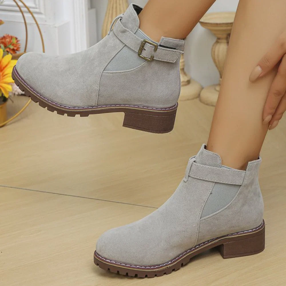 Women's Ankle Boots – Suede Look – Buckle Closure – Elastic Insert – Grip Sole - Image 4