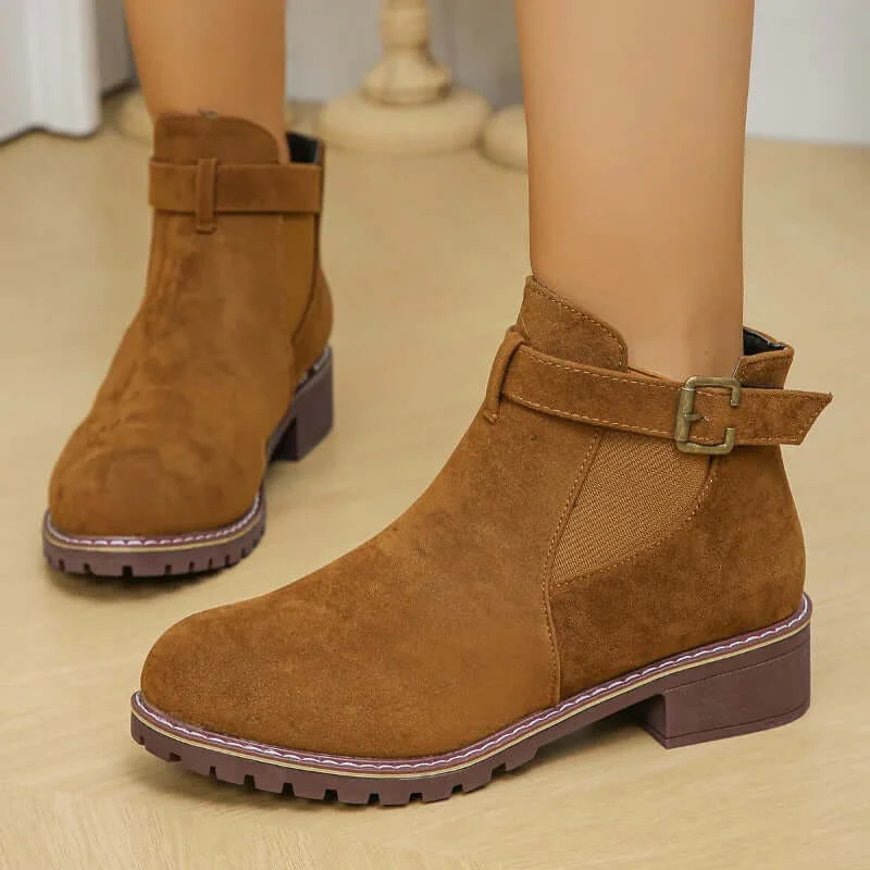 Women's Ankle Boots – Suede Look – Mid Heel – Buckle Detail – Slip-On Model