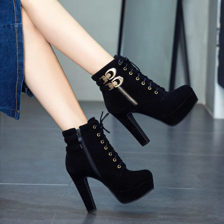 Ladies Ankle Boots – Suede Look – Lace-Up Front – Buckle Detail – Block Heel – Platform Sole - Image 2