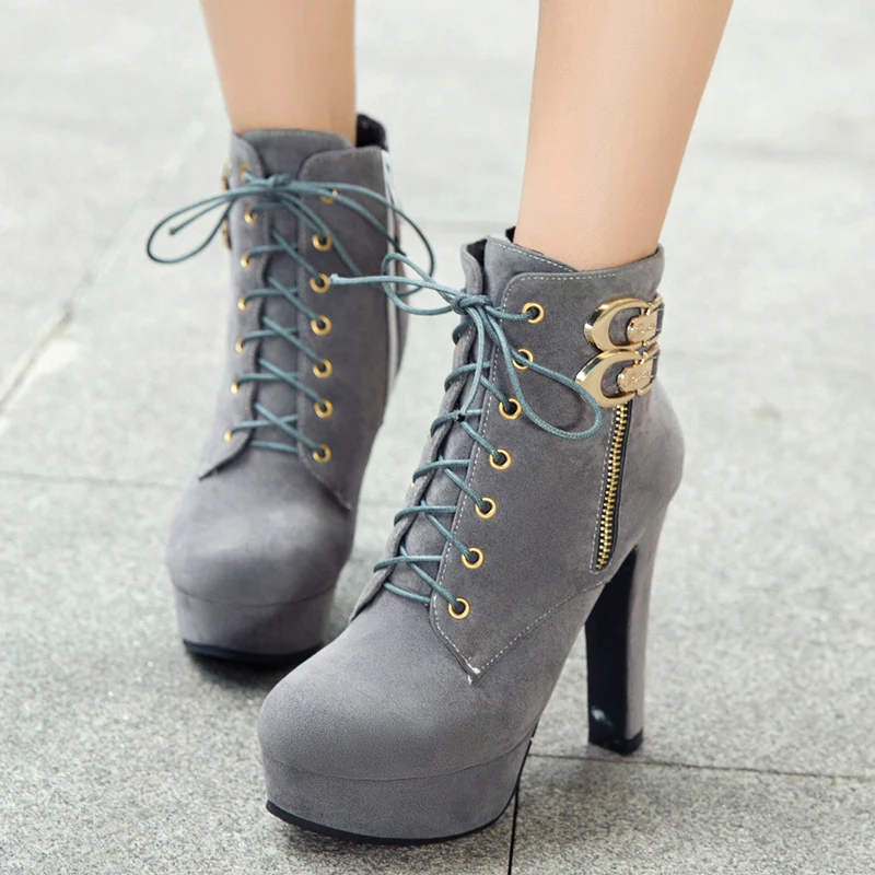 Ladies Ankle Boots – Suede Look – Lace-Up Front – Buckle Detail – Block Heel – Platform Sole - Image 3