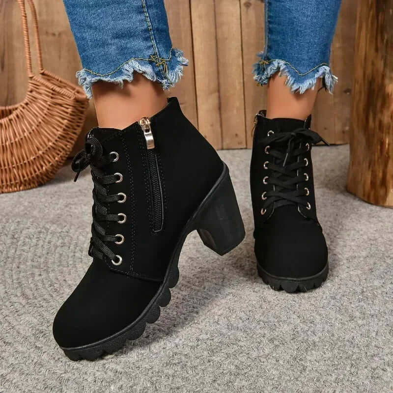 Women's Ankle Boots – Faux Leather – Block Heel – Lace-up Closure – Zip – Buckle – Profile Sole - Image 2