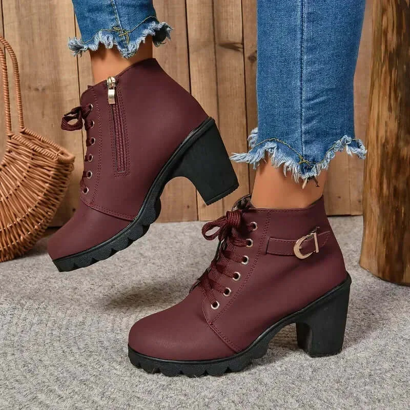 Women's Ankle Boots – Faux Leather – Block Heel – Lace-up Closure – Zip – Buckle – Profile Sole - Image 3
