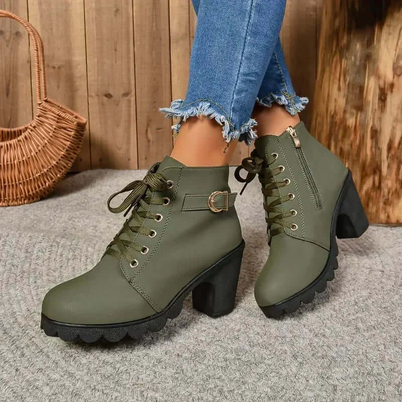 Women's Ankle Boots – Faux Leather – Block Heel – Lace-up Closure – Zip – Buckle – Profile Sole - Image 4