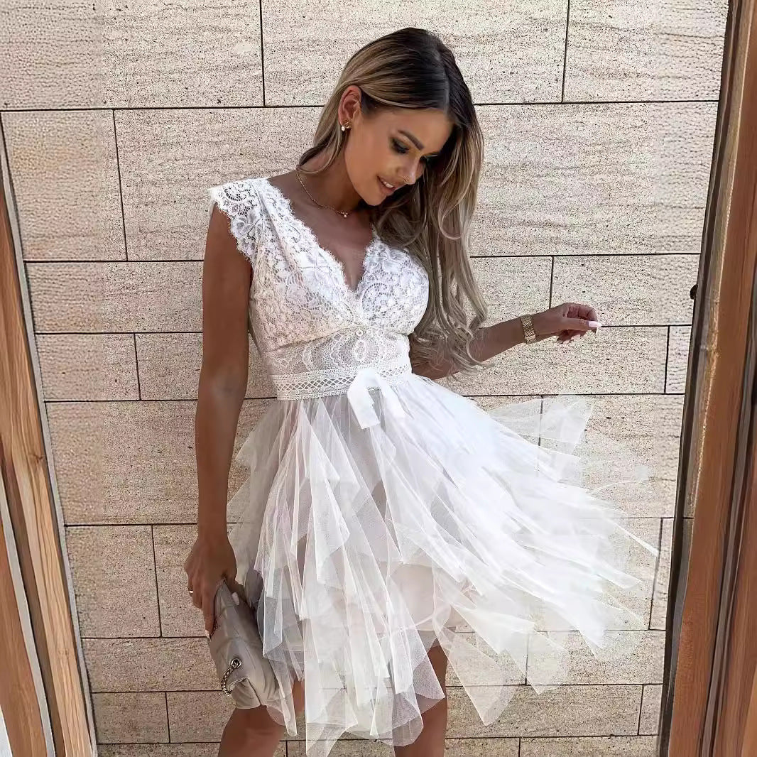 Ladies Party Dress – Lace Top – Sleeveless – V-Neck – Tulle Skirt – Knee-Length - Image 2