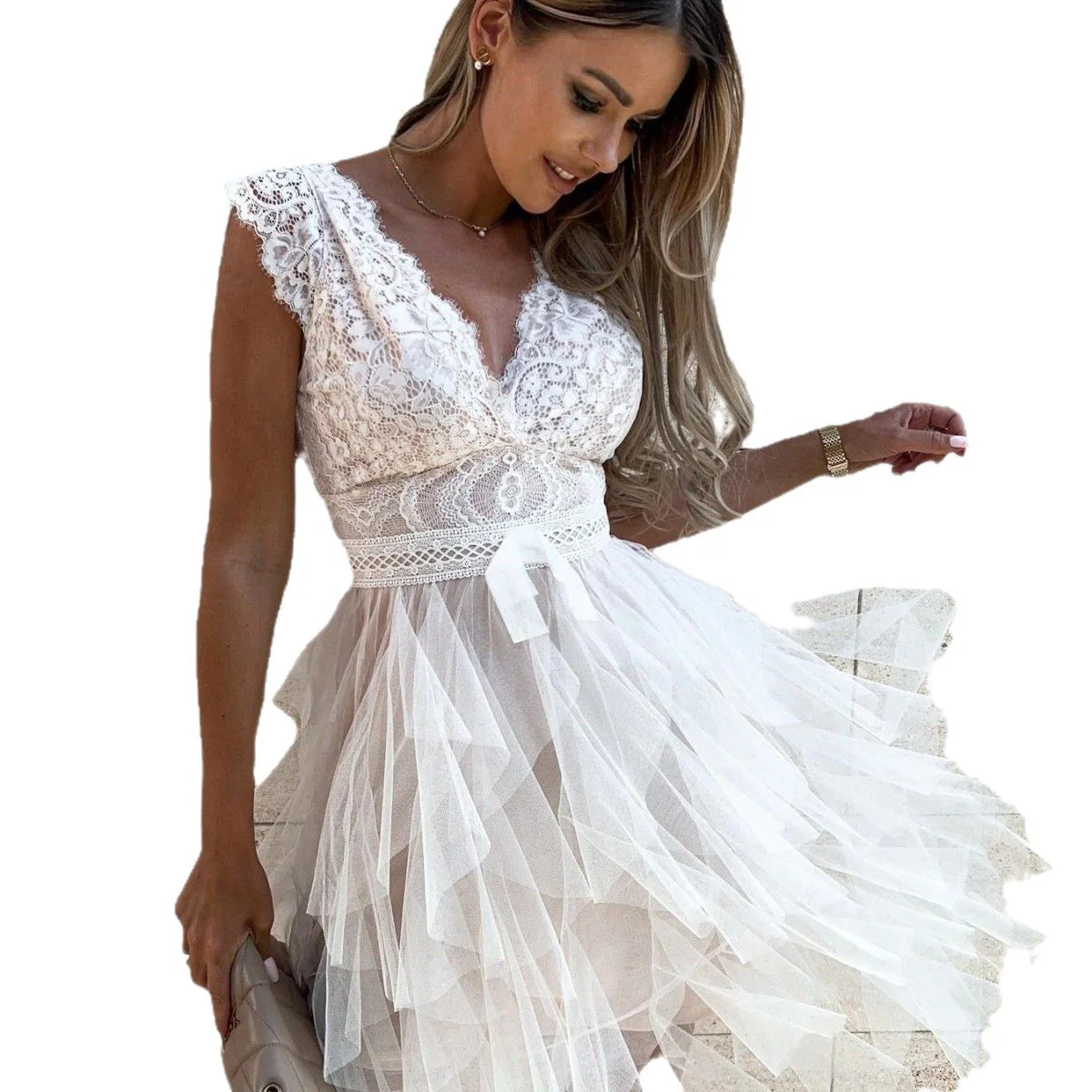 Ladies Party Dress – Lace Top – Sleeveless – V-Neck – Tulle Skirt – Knee-Length - Image 4