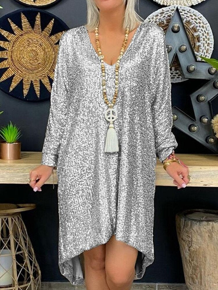 Women's party dress – Loose fit – Sequins – V-neck – Long sleeves – Asymmetrical hem - Image 2