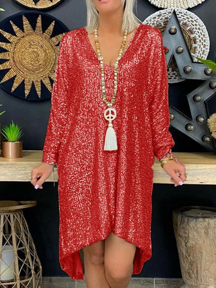 Women's party dress – Loose fit – Sequins – V-neck – Long sleeves – Asymmetrical hem - Image 3