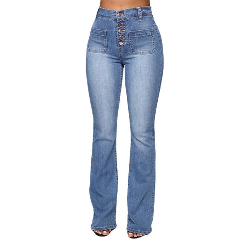 Women's Flared Jeans – High Waist – Cotton Denim – Button Closure – Patch Pockets - Image 2