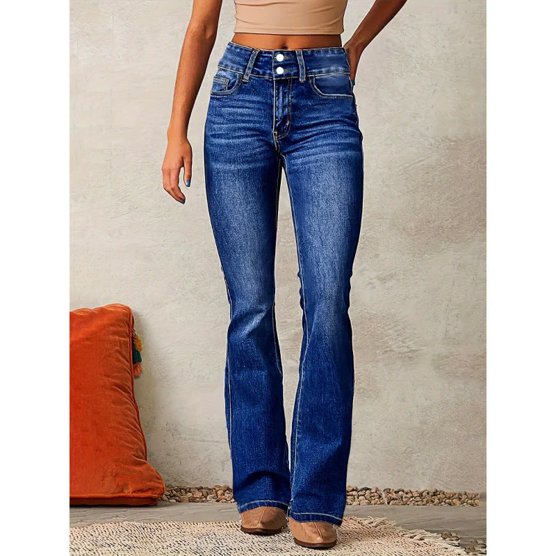 Women's Flared Jeans – High Waist Stretch Denim – Vintage Wash – Full Length - Image 2
