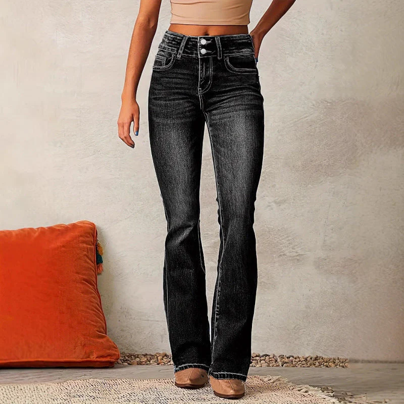 Women's Flared Jeans – High Waist Stretch Denim – Vintage Wash – Full Length - Image 3