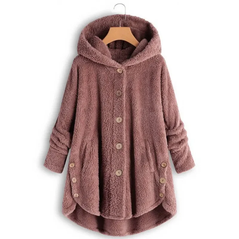 Women's Fleece Jacket – Relaxed Fit – Hood – Button Closure – Extended Back Hem - Image 3