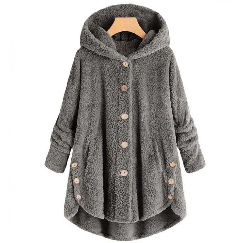 Women's Fleece Jacket – Relaxed Fit – Hood – Button Closure – Extended Back Hem - Image 5