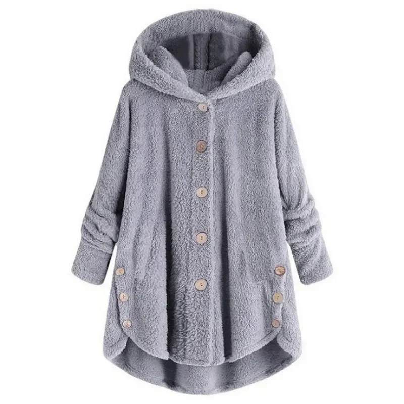 Women's Fleece Jacket – Relaxed Fit – Hood – Button Closure – Extended Back Hem - Image 6
