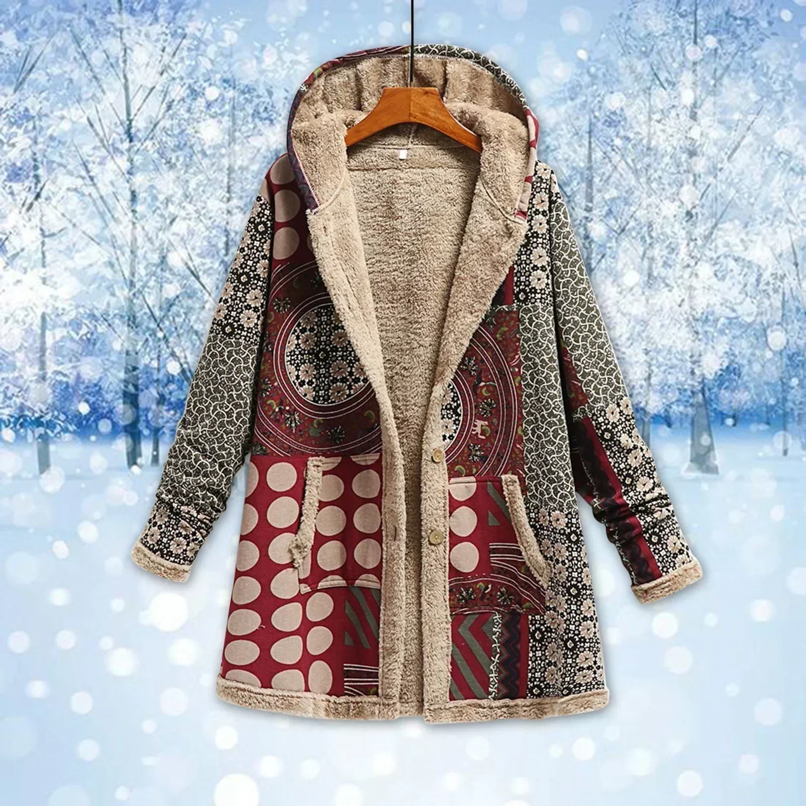 Women's Fleece Jacket – Relaxed Fit – Hood – Patchwork – Long Model – Casual Style - Image 2