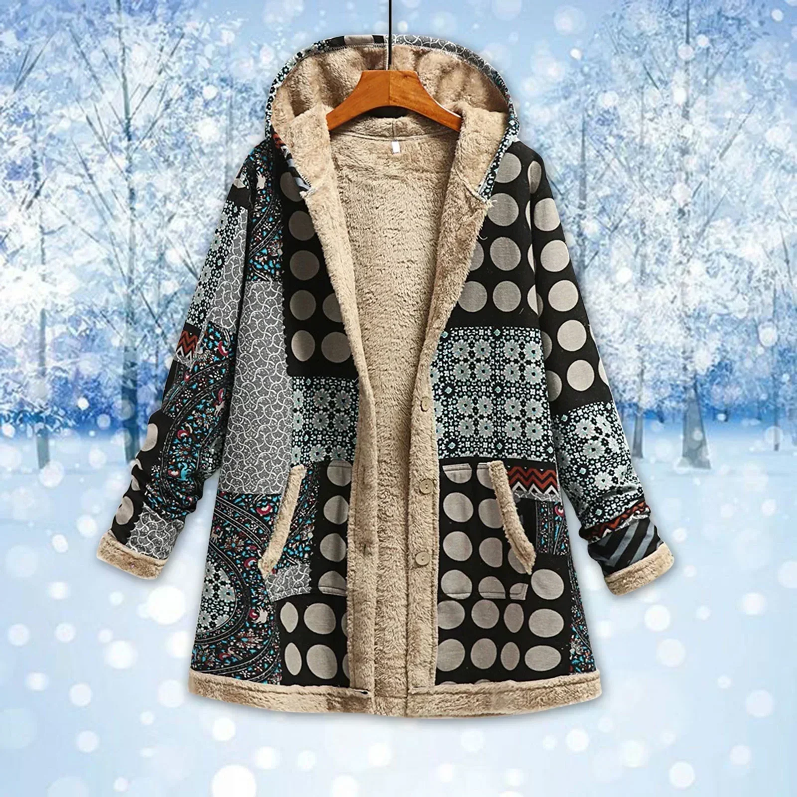 Women's Fleece Jacket – Relaxed Fit – Hood – Patchwork – Long Model – Casual Style - Image 3