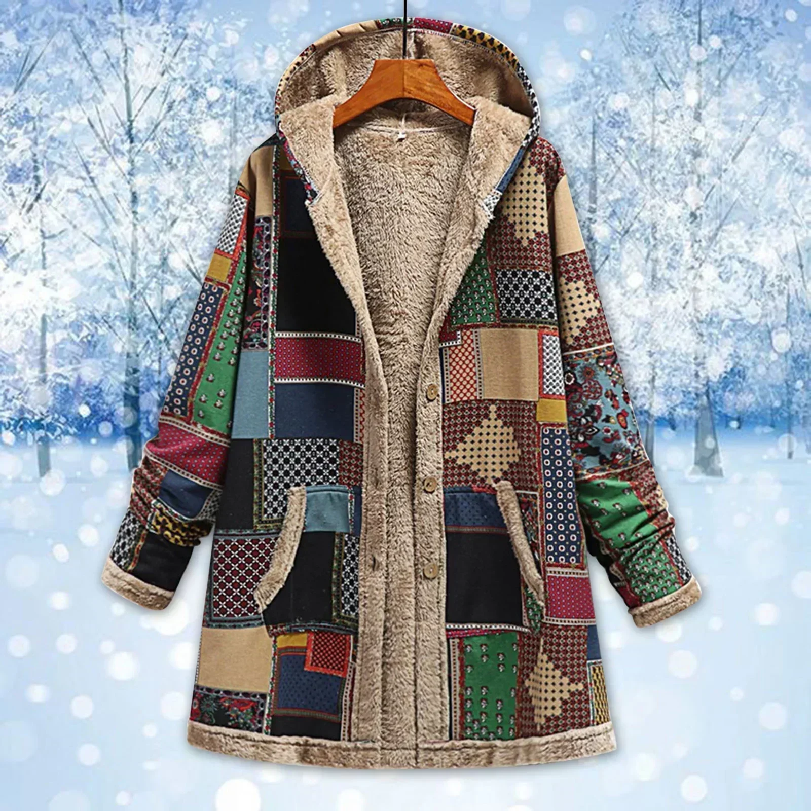 Women's Fleece Jacket – Relaxed Fit – Hood – Patchwork – Long Model – Casual Style - Image 4