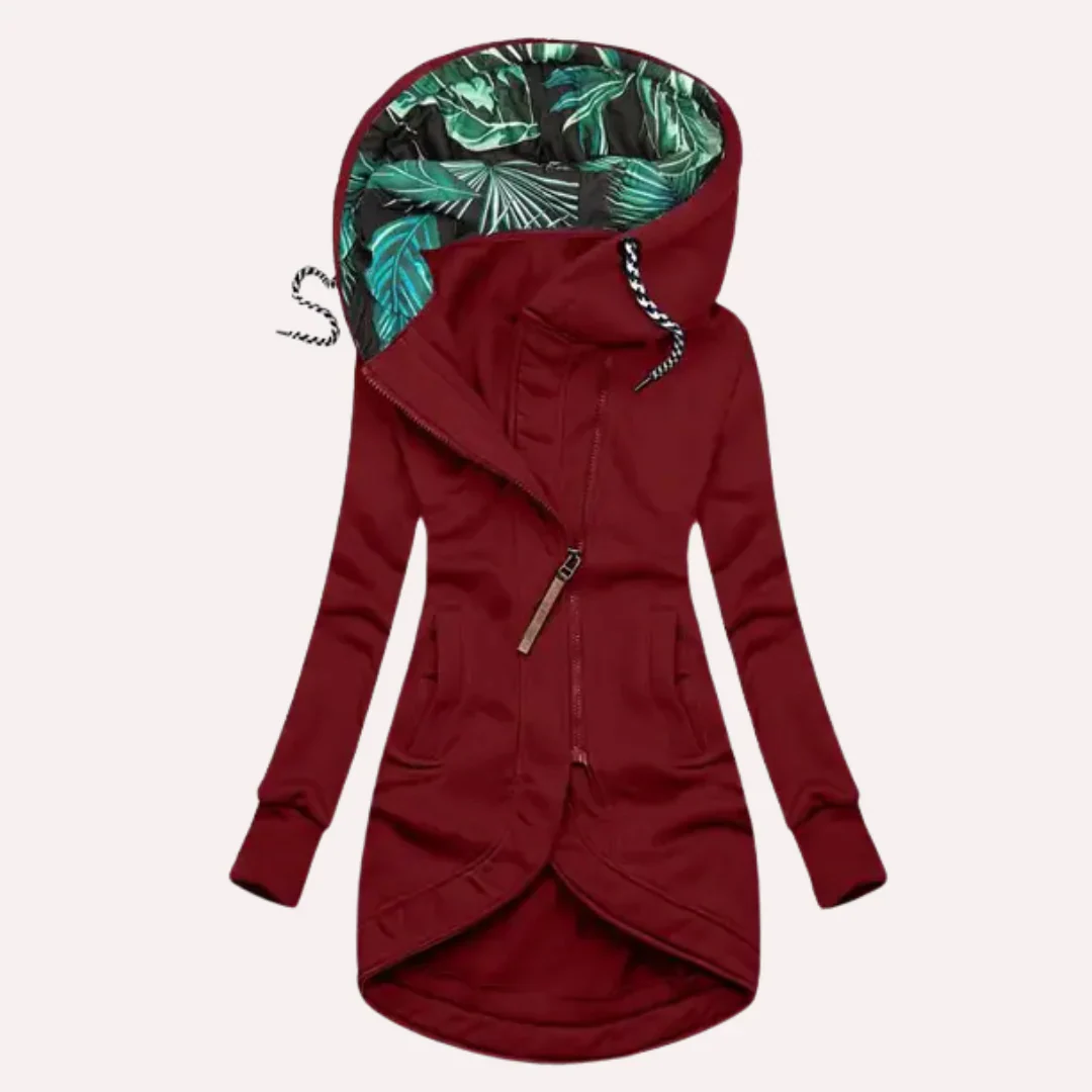 Ladies Fleece Jacket – Slim Fit – Asymmetrical Zip – Lined Hood with Print - Image 3