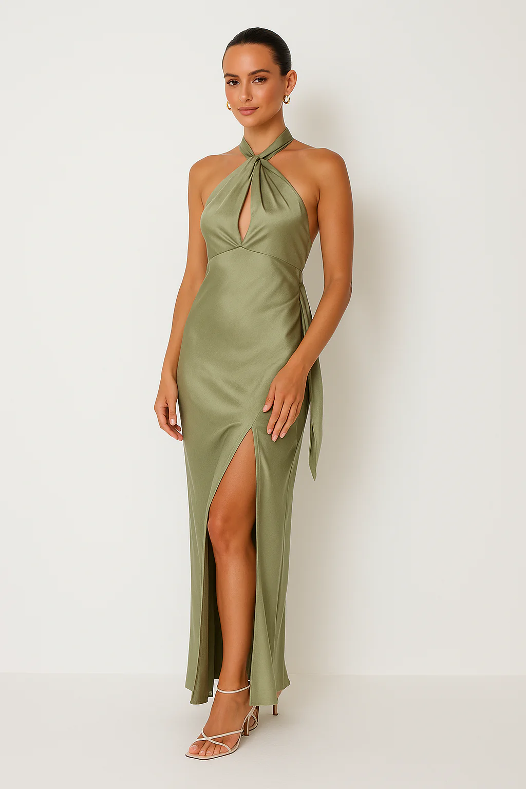 Ladies Gala Dress – Halter Neck – Fitted Waist – Luxury Glossy Fabric – Split – Maxi Length - Image 3