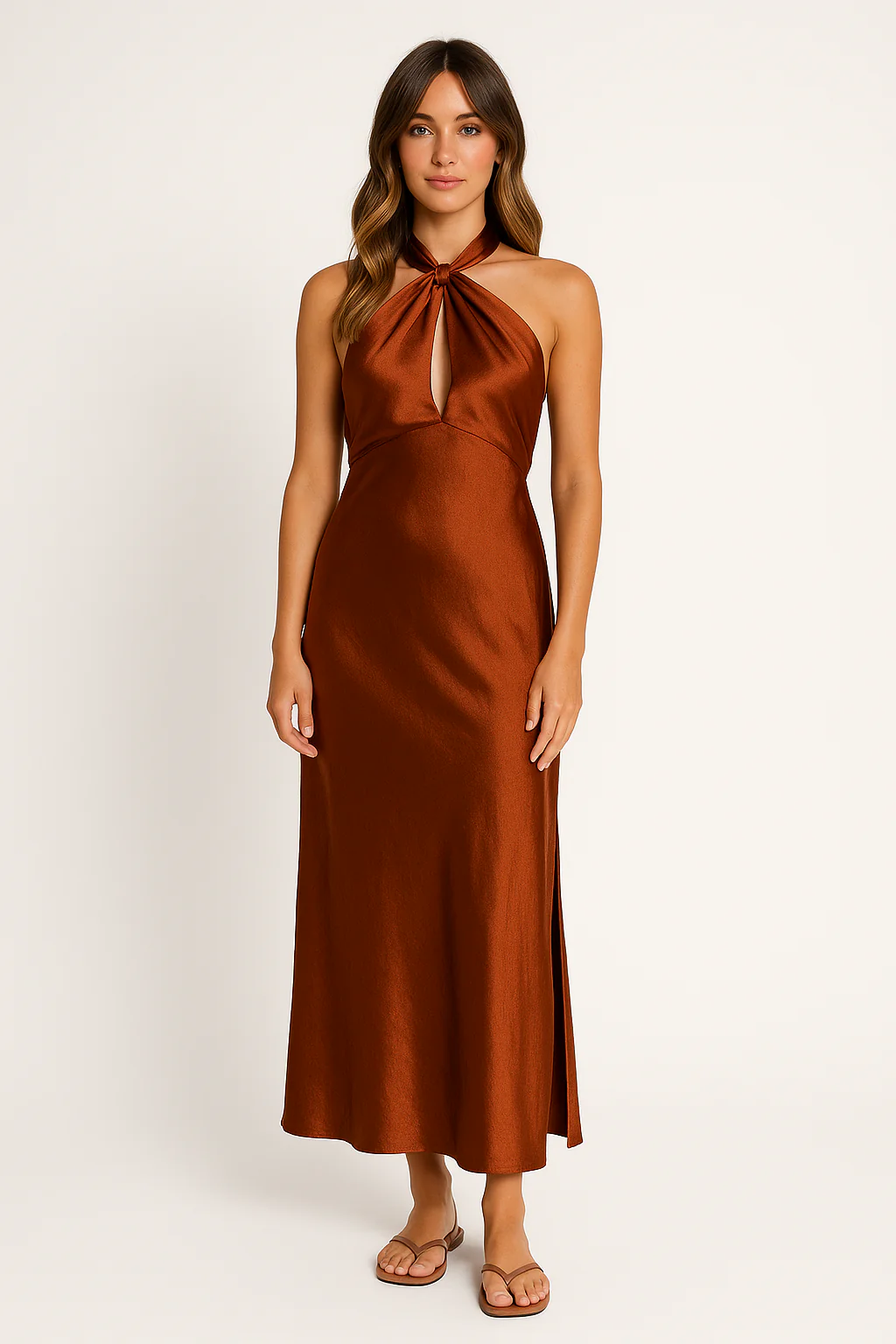 Ladies Gala Dress – Halter Neck – Fitted Waist – Luxury Glossy Fabric – Split – Maxi Length - Image 4