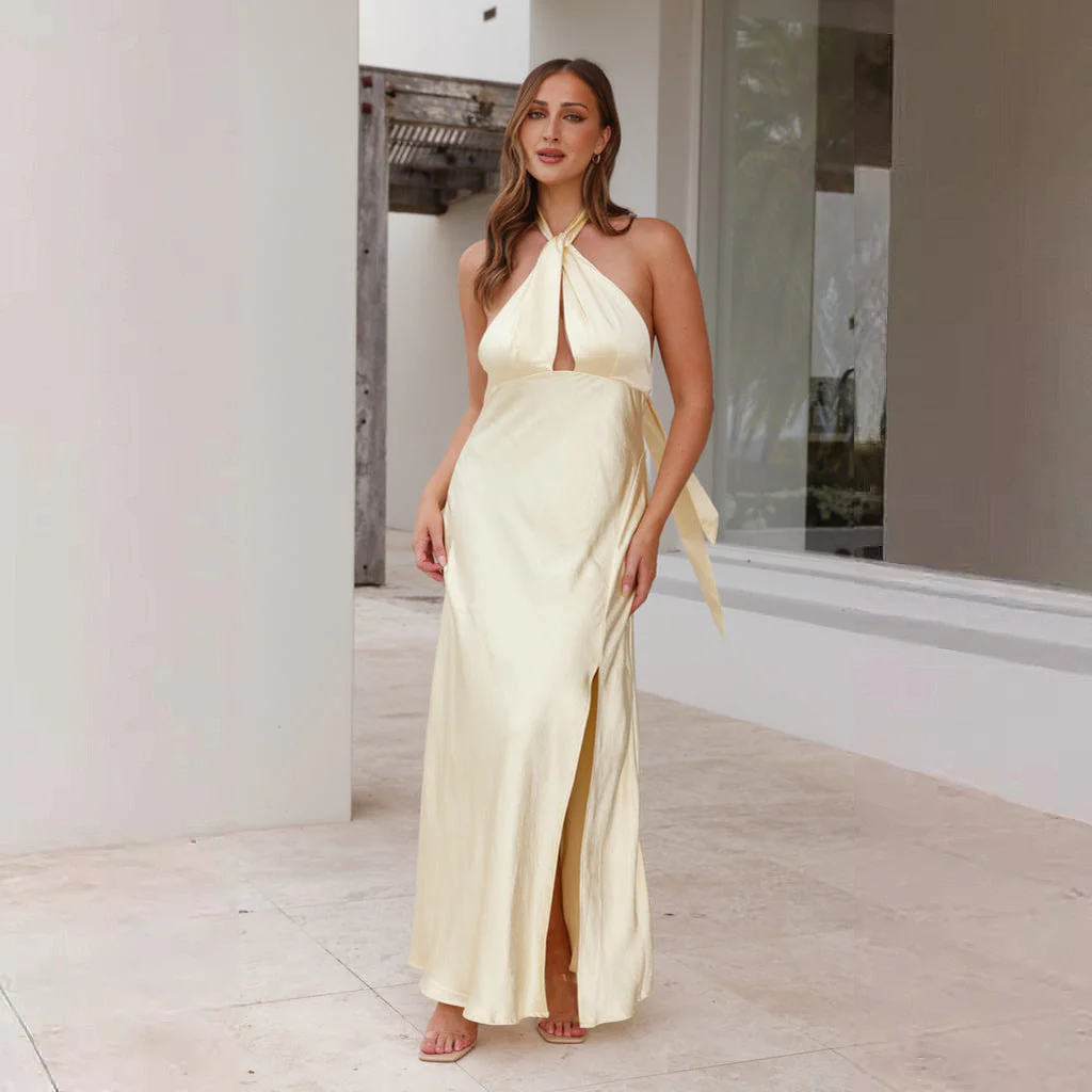 Ladies Gala Dress – Halter Neck – Fitted Waist – Luxury Glossy Fabric – Split – Maxi Length - Image 5