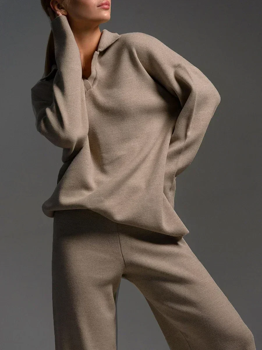 Women's Knitted 2-piece Set - Polo Neck Sweater and Wide Pants for Winter - Image 2