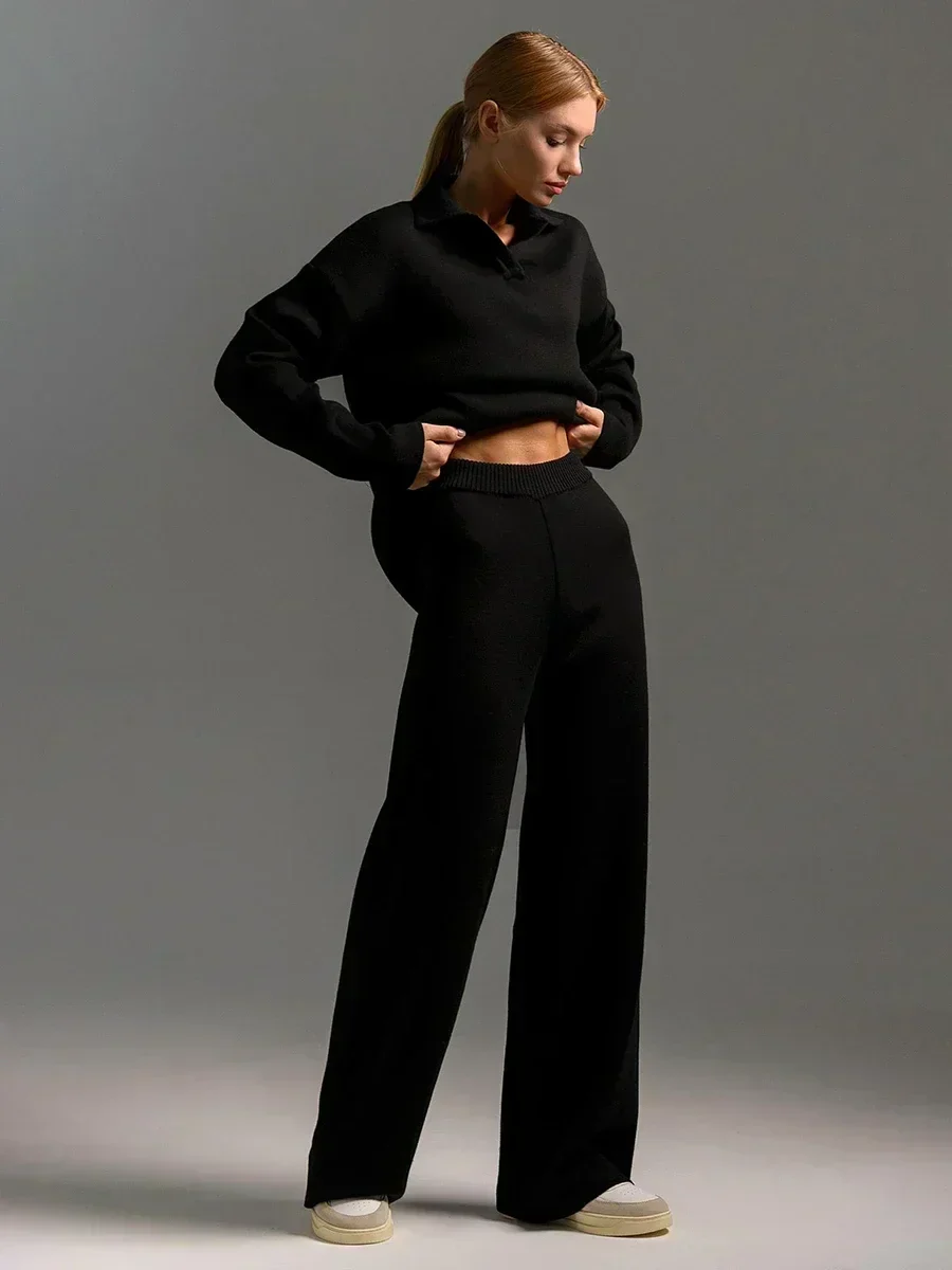 Women's Knitted 2-piece Set - Polo Neck Sweater and Wide Pants for Winter - Image 3
