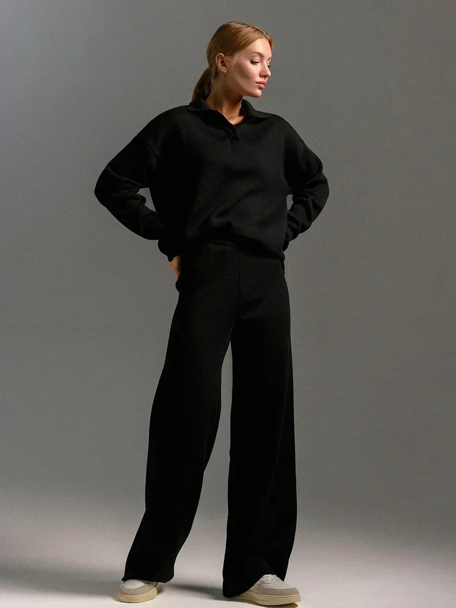 Women's Knitted 2-piece Set - Polo Neck Sweater and Wide Pants for Winter - Image 4