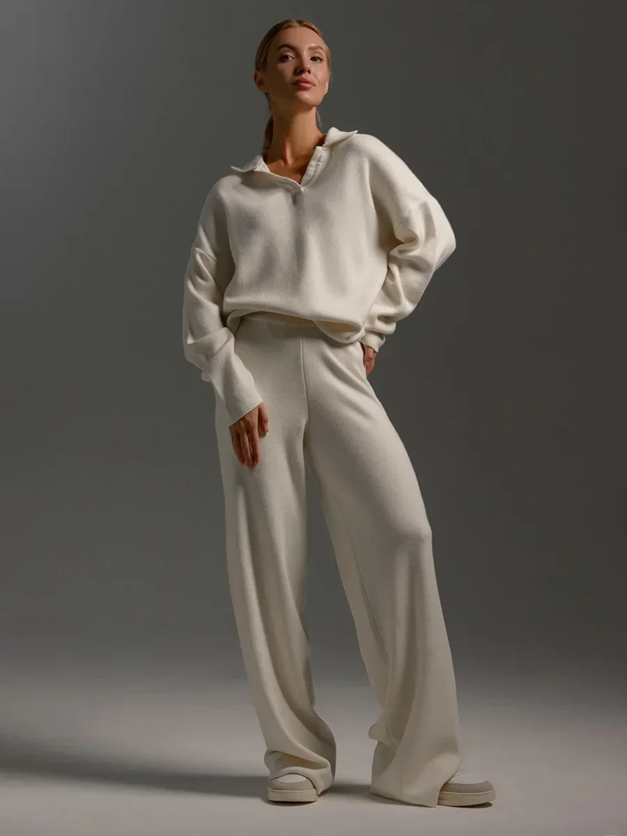 Women's Knitted 2-piece Set - Polo Neck Sweater and Wide Pants for Winter - Image 6