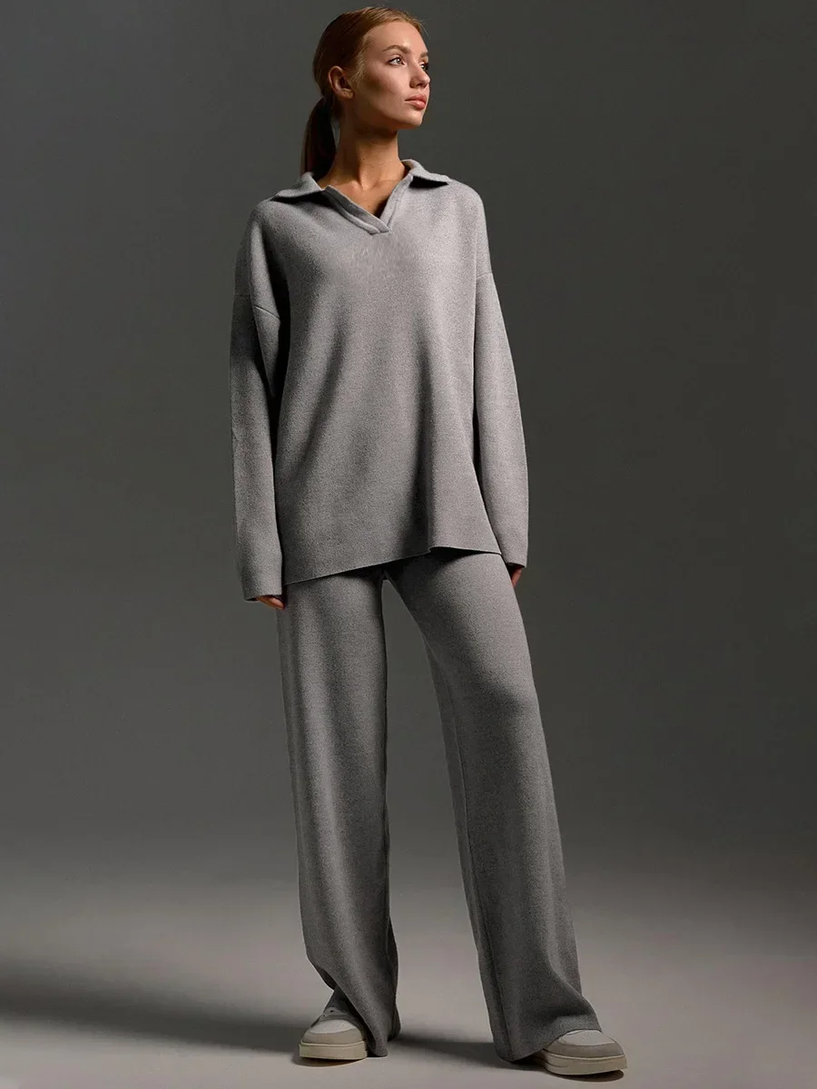 Women's Knitted 2-piece Set - Polo Neck Sweater and Wide Pants for Winter - Image 7