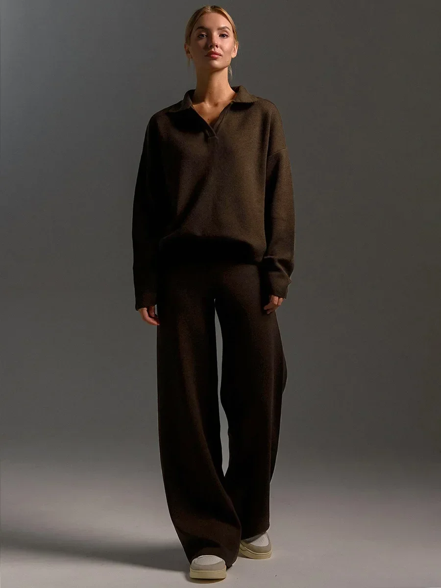 Women's Knitted 2-piece Set - Polo Neck Sweater and Wide Pants for Winter - Image 8