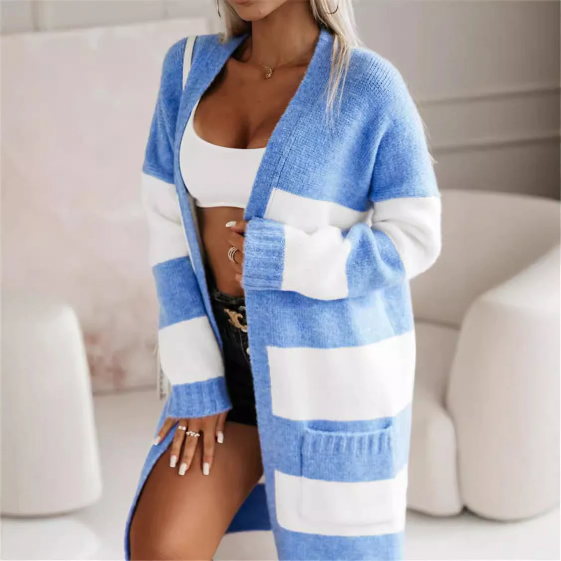 Women's Knitted Cardigan – Oversized Fit – Long Model – Open Front – Striped Design - Image 2