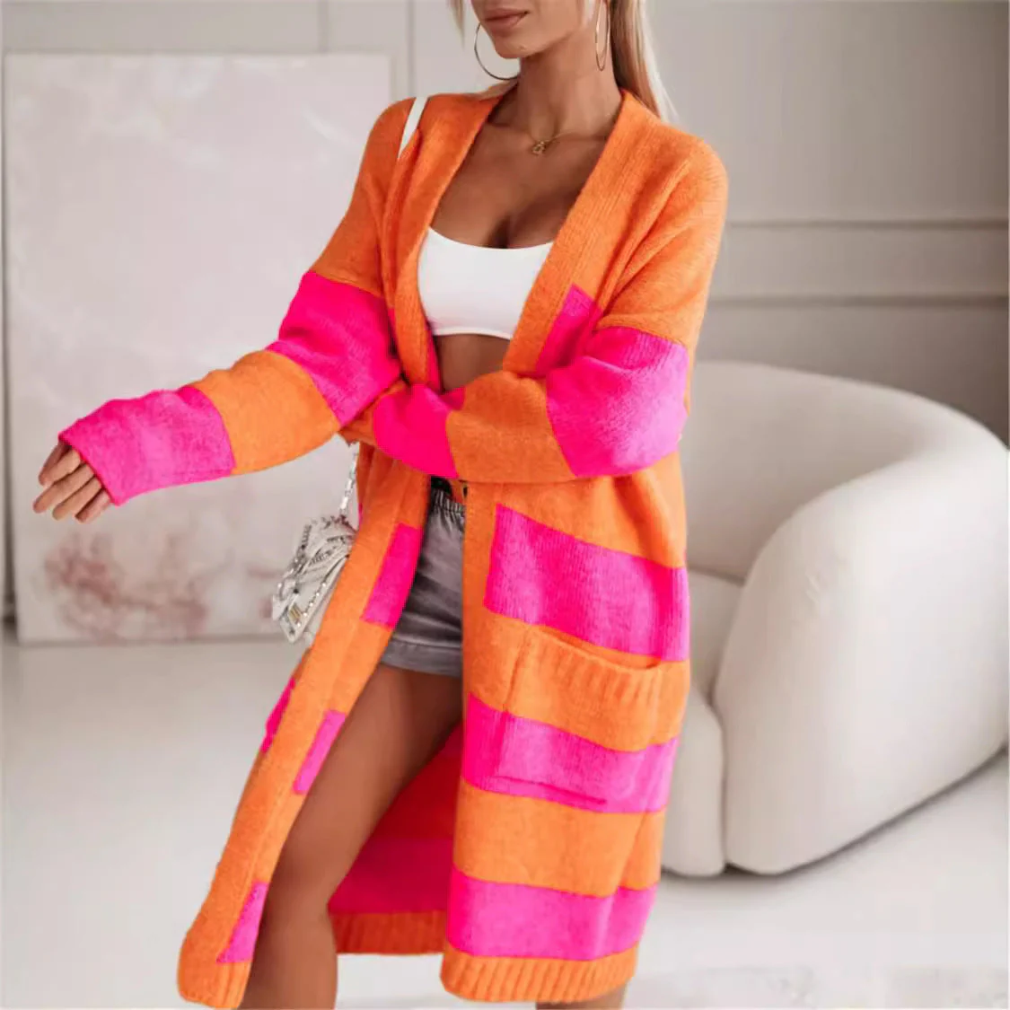 Women's Knitted Cardigan – Oversized Fit – Long Model – Open Front – Striped Design - Image 3