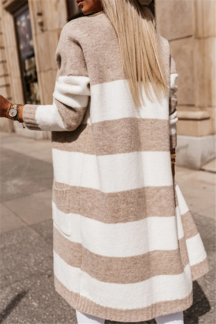 Women's Knitted Cardigan – Oversized Fit – Long Model – Open Front – Striped Design - Image 4