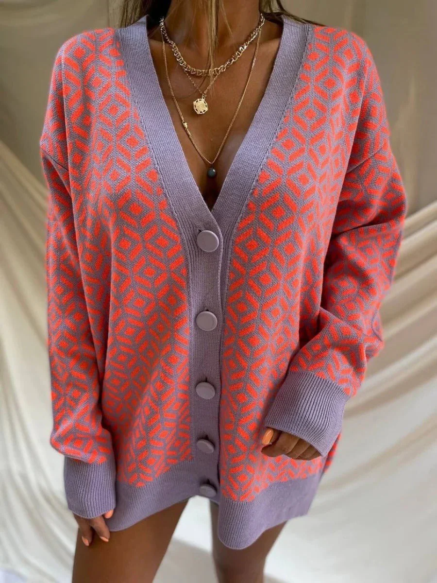 Women's Knitted Cardigan – Oversized Fit – Woolmix – V-neck – Geometric Pattern - Image 3