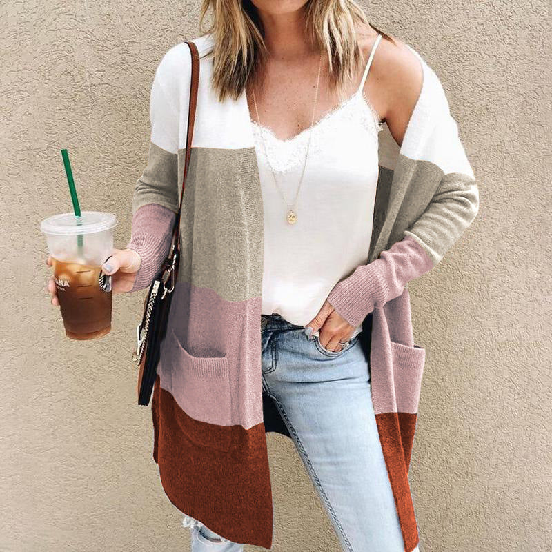 Women's Knitted Cardigan – Relaxed Fit – Open Front – Long Sleeves – Cotton – With Pockets - Image 3