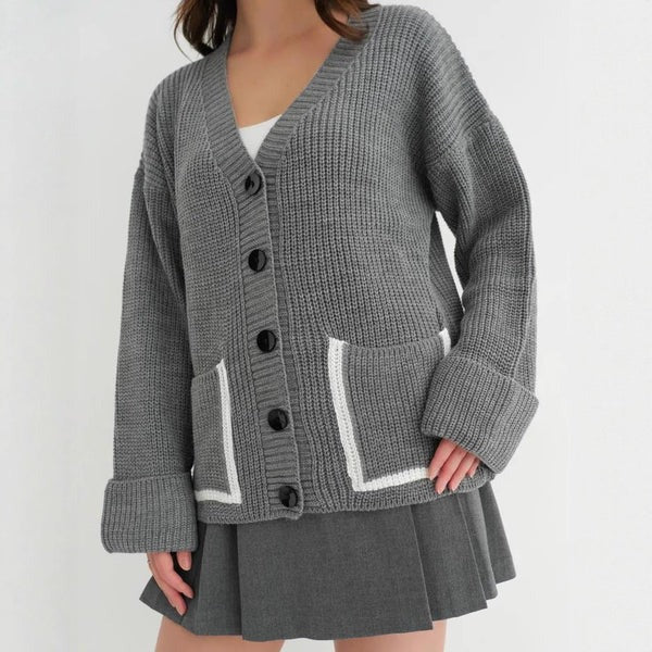 Women's Knitted Cardigan – Relaxed Fit – V-Neck – Rib Structure – Patch Pockets - Image 2