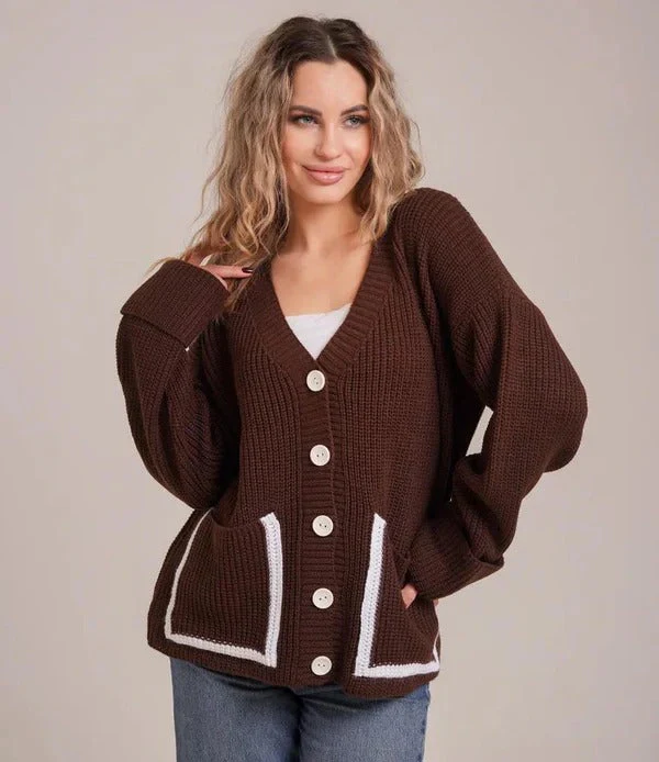 Women's Knitted Cardigan – Relaxed Fit – V-Neck – Rib Structure – Patch Pockets - Image 3