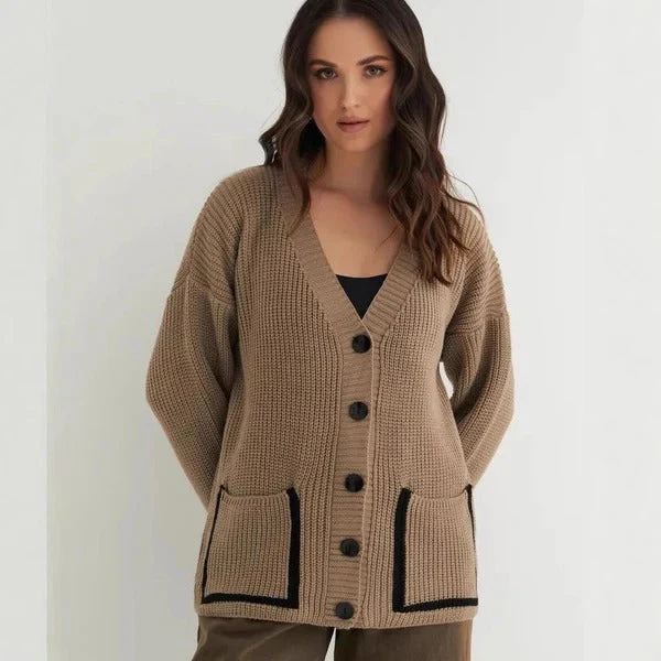 Women's Knitted Cardigan – Relaxed Fit – V-Neck – Rib Structure – Patch Pockets - Image 4