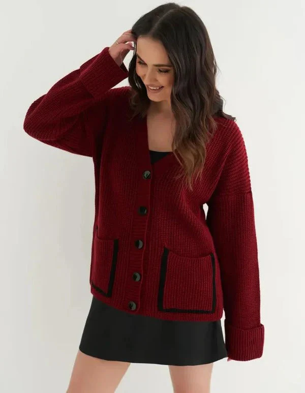 Women's Knitted Cardigan – Relaxed Fit – V-Neck – Rib Structure – Patch Pockets - Image 5