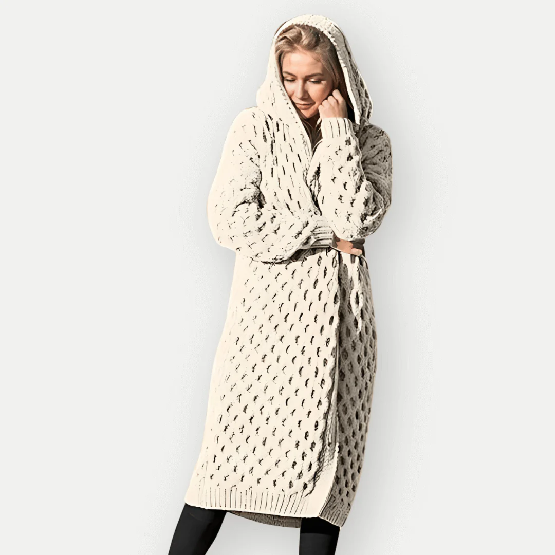 Women's Knitted Cardigan – Relaxed Fit – Long Model – Hood – Cable Knit – Open Front - Image 2