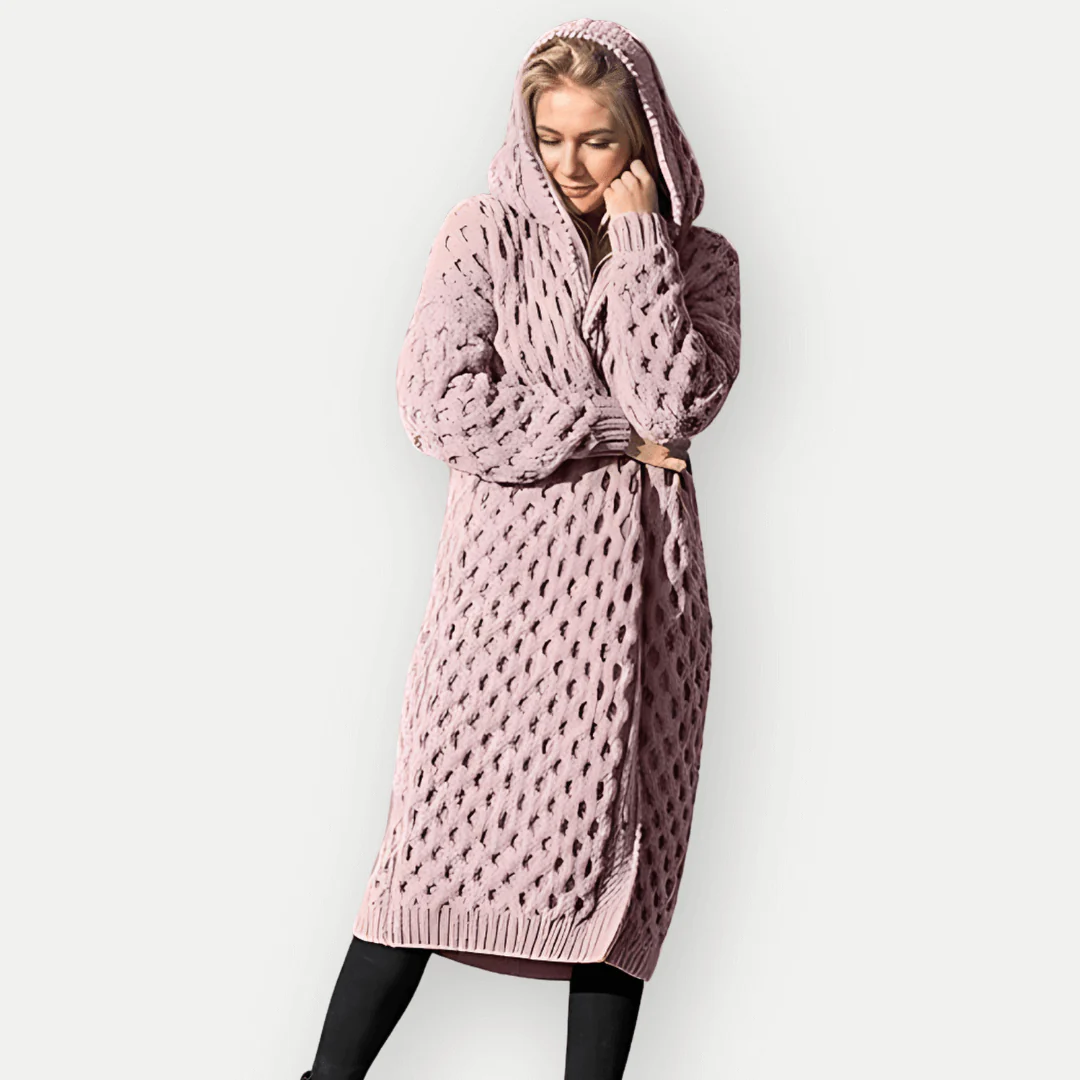 Women's Knitted Cardigan – Relaxed Fit – Long Model – Hood – Cable Knit – Open Front - Image 3