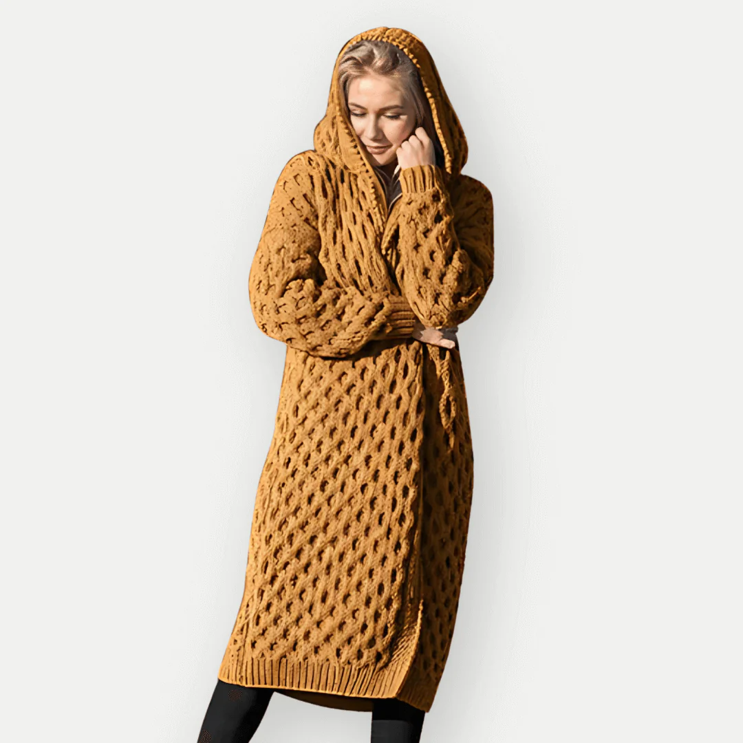 Women's Knitted Cardigan – Relaxed Fit – Long Model – Hood – Cable Knit – Open Front - Image 4